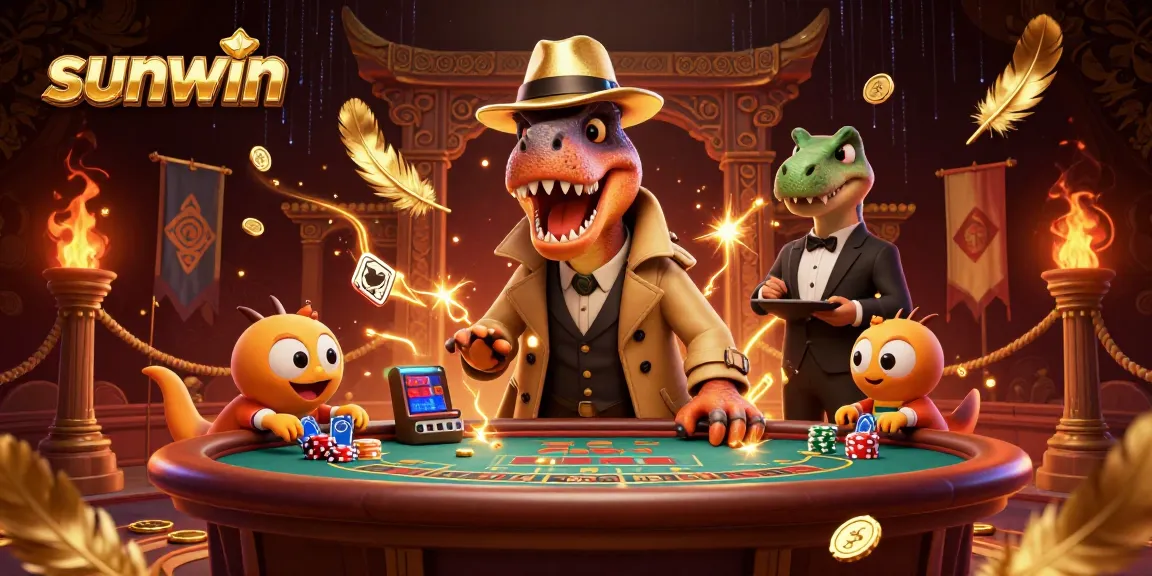 Engage with the thrilling world of sunwin, where a velociraptor card counter and colorful characters play for high stakes at a lively casino table.