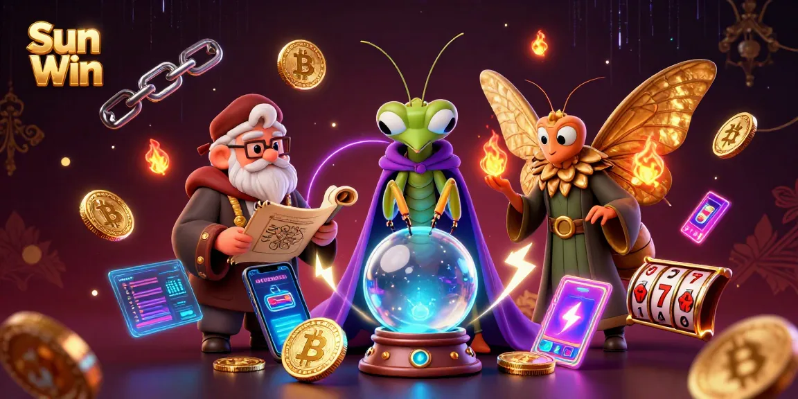 Engage in thrilling gameplay at Sun Win while slot reels and glowing crypto coins surround a mystical scene.